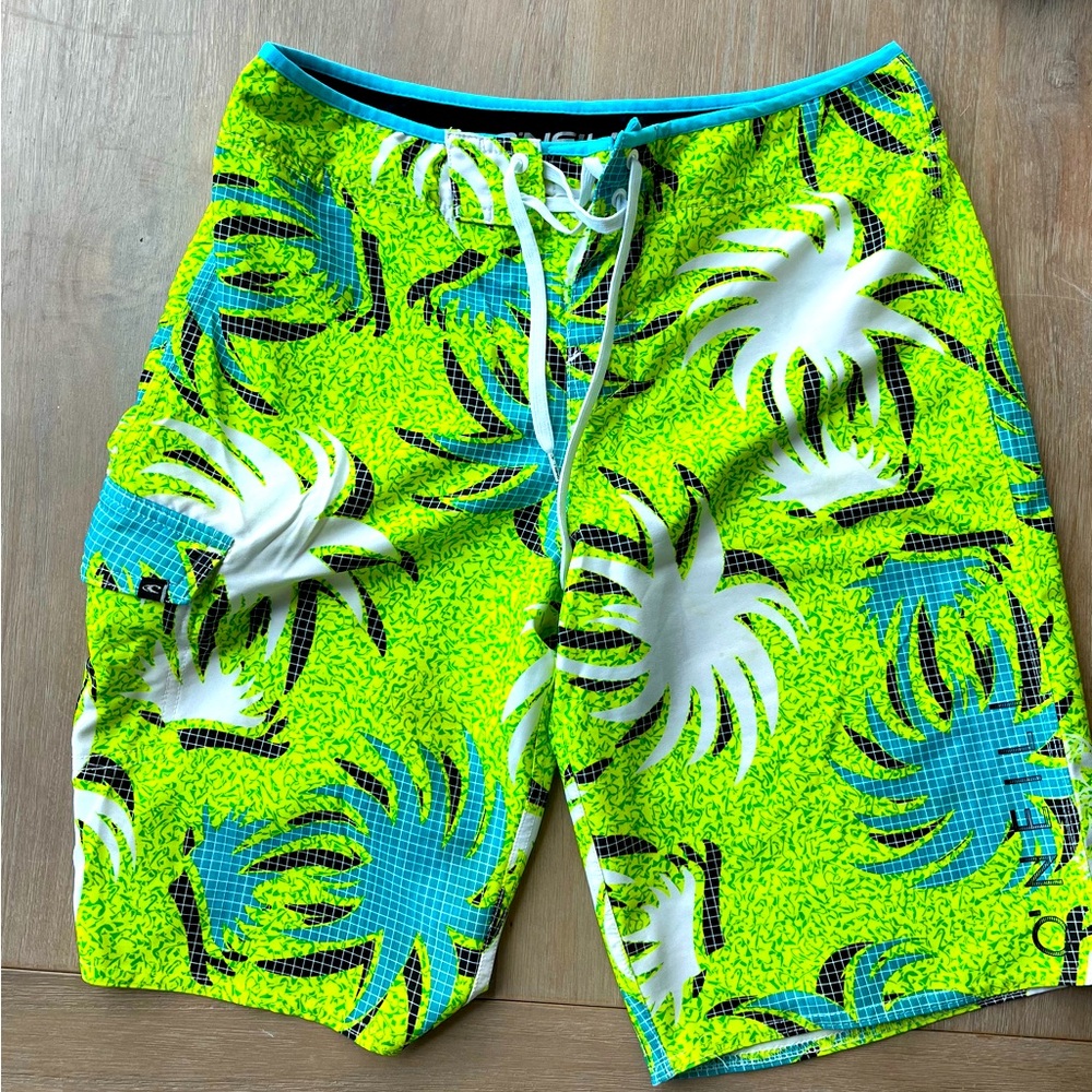 O’Neill Board Shorts, neon green and turquoise.